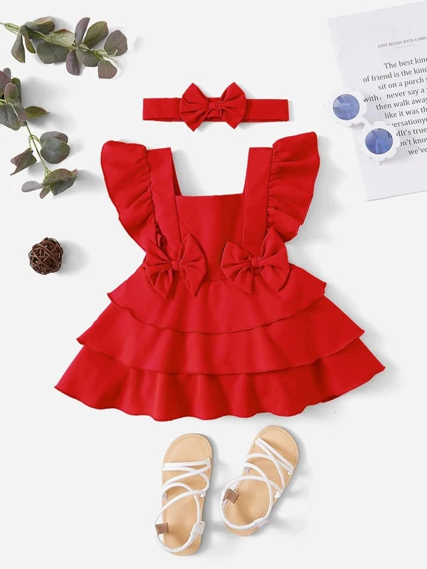 SHEIN Baby Bow Front Ruffle Trim Layer Hem Dress With Headband