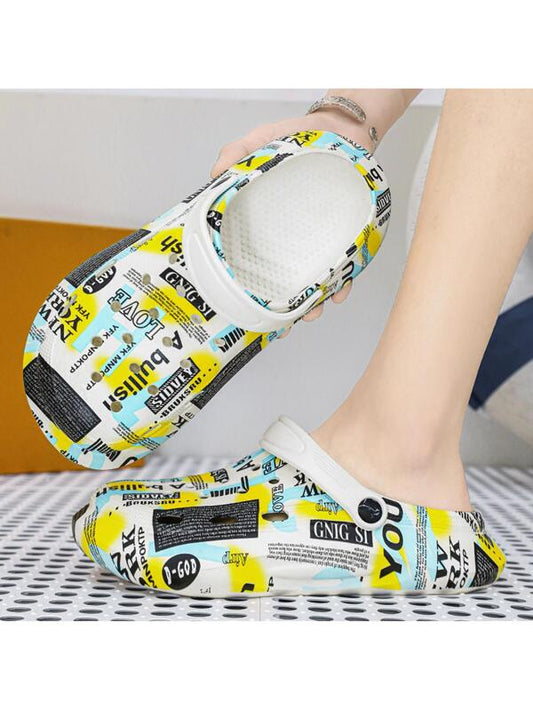 Men Hollow Out Slogan Graphic Vented Clogs, Casual Summer EVA Clogs