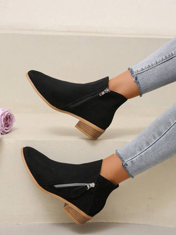 Women's Autumn/winter Fashion Chunky Heel Suede Pointed Toe Side Zipper Ankle Boots