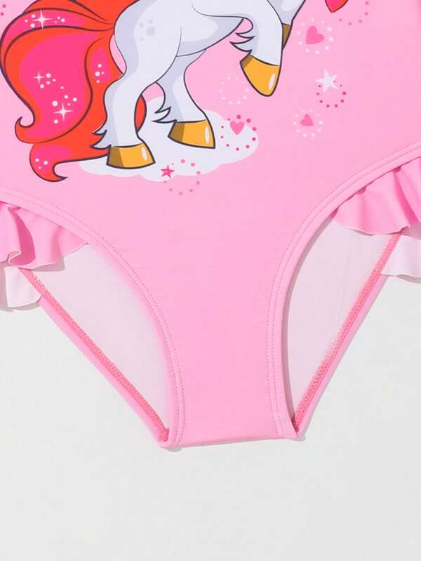 Toddler Girls Unicorn Print Ruffle Trim One Piece Swimsuit