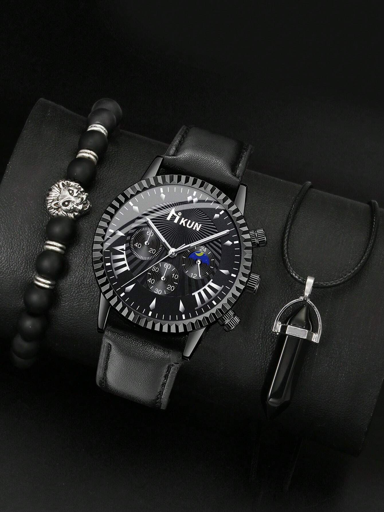 1pc Men Black PU Polyurethane Strap Fashionable Date Round Dial Quartz Watch & 2pcs Jewelry Set, For Daily Life