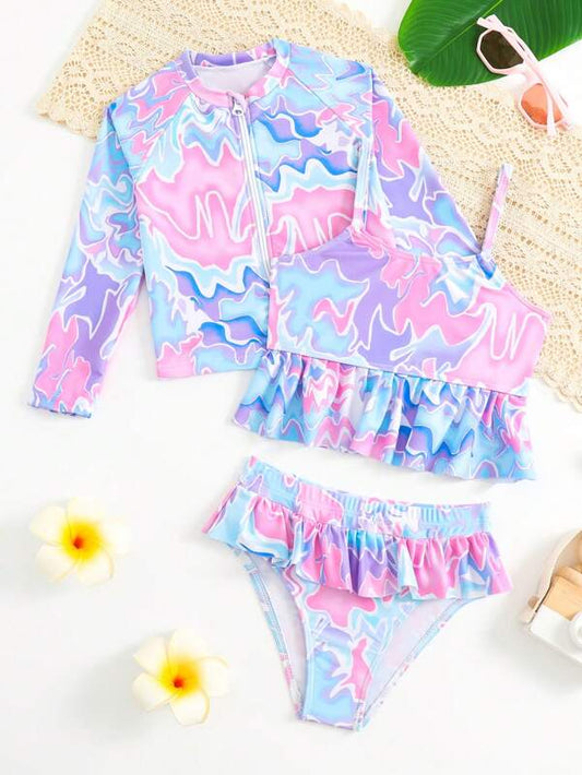 SHEIN Kids SUNSHNE Toddler Girls Allover Print Ruffle Hem Bikini Swimsuit With Zipper Up Top