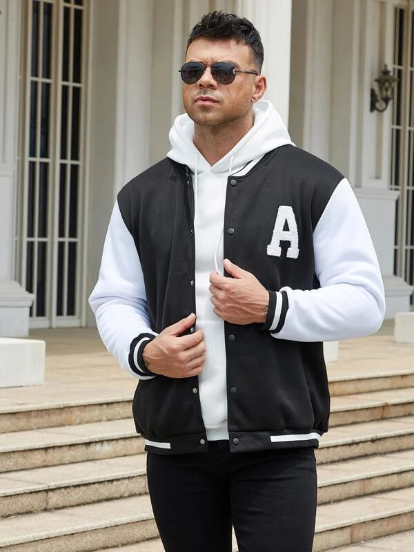 Extended Sizes Men Letter Patched Two Tone Drop Shoulder Varsity Jacket Without Hoodie