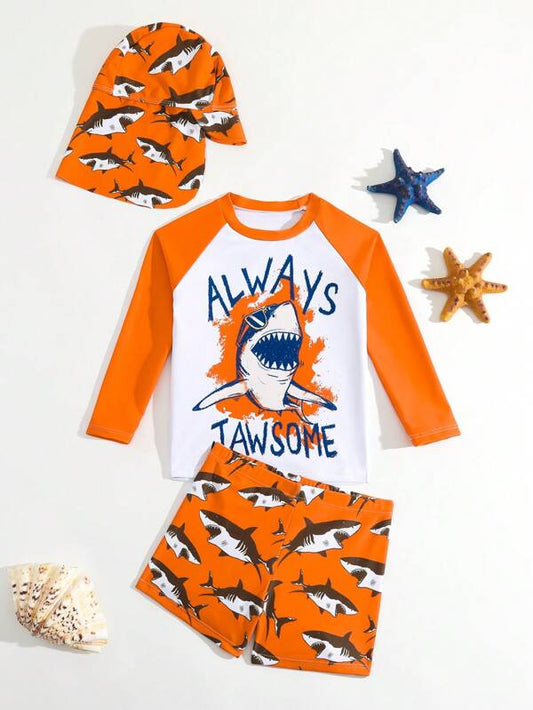 Toddler Boys Shark Print Beach Swimsuit & Cap