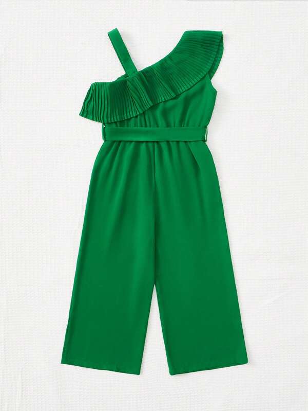 SHEIN Toddler Girls Asymmetrical Neck Ruffle Trim Belted Jumpsuit