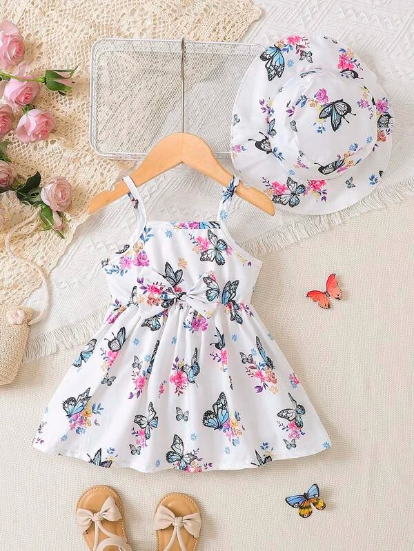 SHEIN Baby Butterfly Print Cami Dress & Accessory Hat