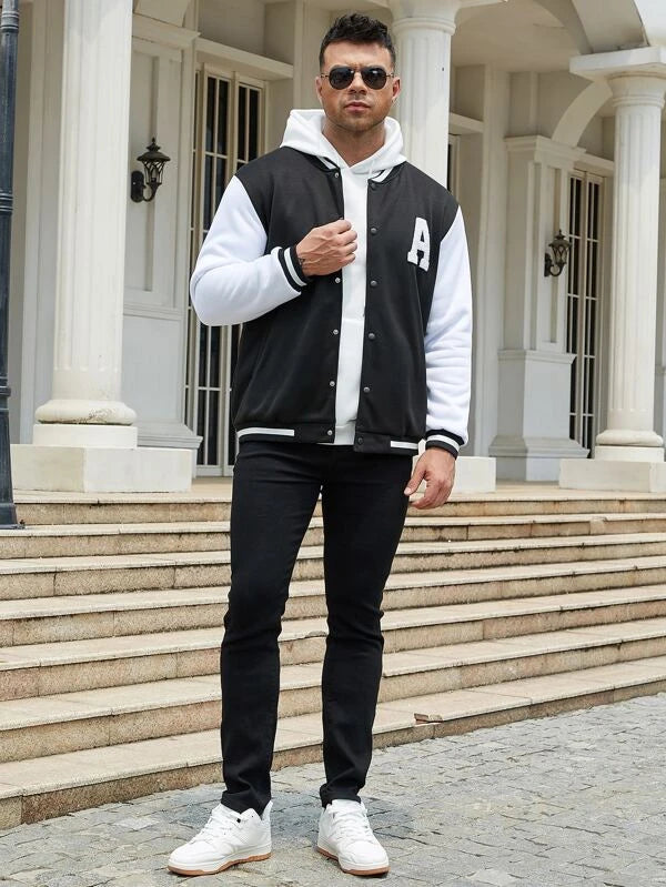 Extended Sizes Men Letter Patched Two Tone Drop Shoulder Varsity Jacket Without Hoodie