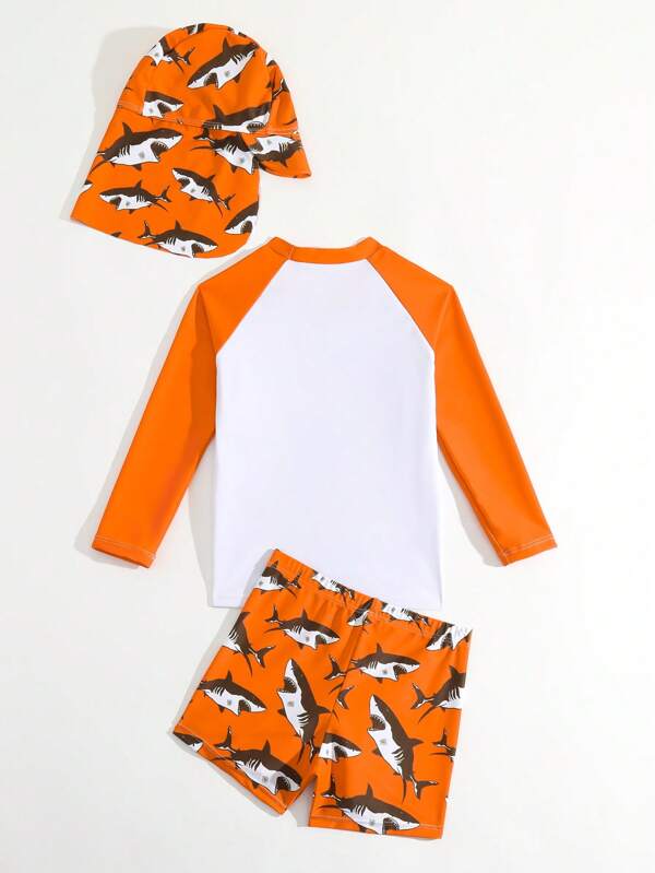 Toddler Boys Shark Print Beach Swimsuit & Cap