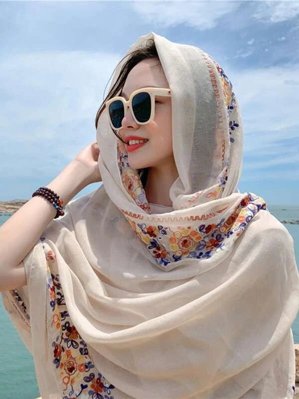 1pc Women Floral Embroidered Boho Scarf For Vacation