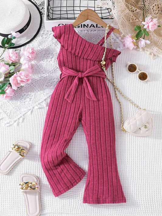 Toddler Girls Asymmetrical Neck Ruffle Trim Flare Leg Belted Jumpsuit