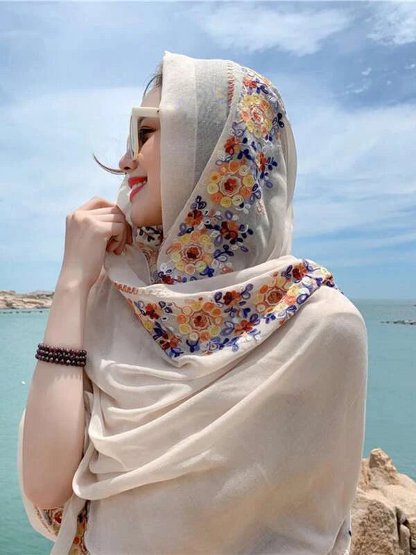 1pc Women Floral Embroidered Boho Scarf For Vacation