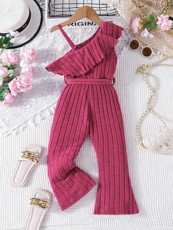 Toddler Girls Asymmetrical Neck Ruffle Trim Flare Leg Belted Jumpsuit