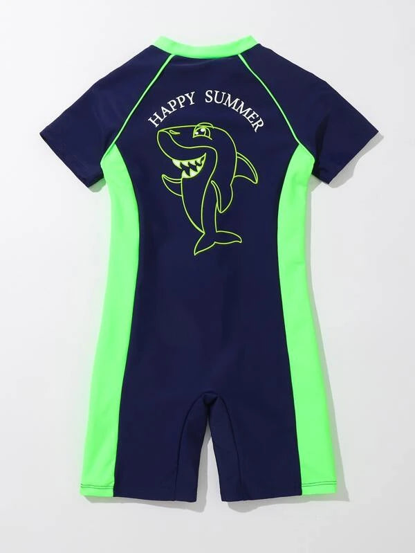 SHEIN Kids EVRYDAY Toddler Boys' Cool Colorblock Shark Rashguard For Summer Surfing And Diving