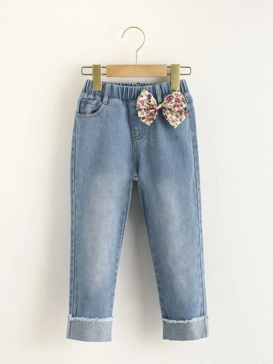 Toddler Girls Bleach Wash Raw Trim Bow Front Jeans
