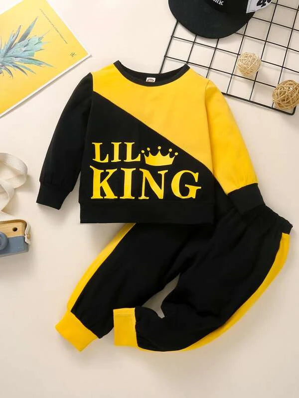 Baby Boy Letter Graphic Colorblock Sweatshirt With Sweatpants