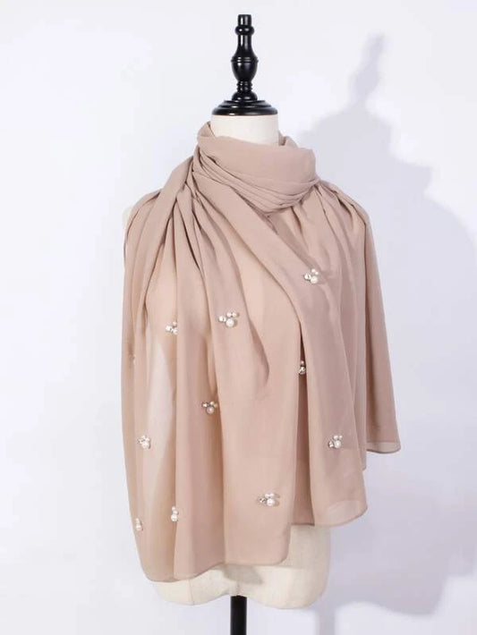 Faux Pearl Decor Chiffon Scarf