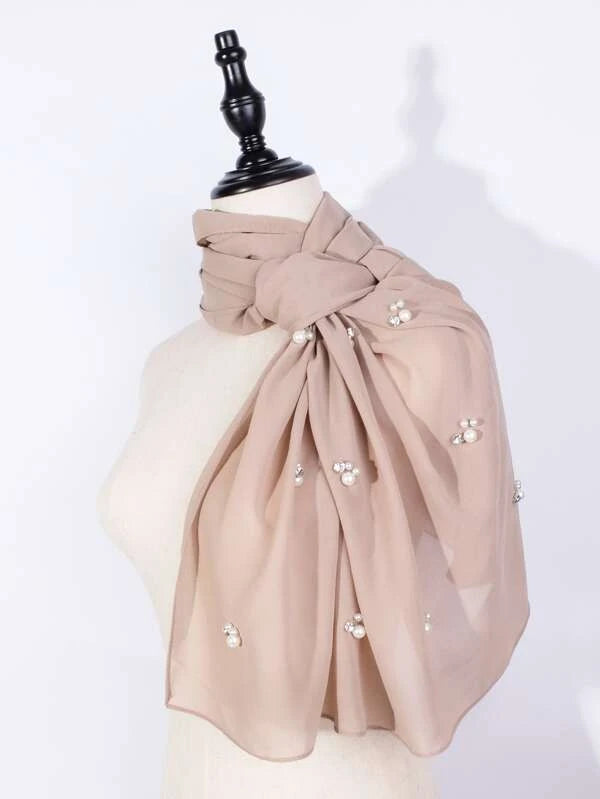 Faux Pearl Decor Chiffon Scarf