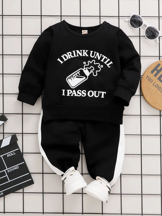 Baby Bottle And Slogan Graphic Pullover & Contrast Side Seam Sweatpants