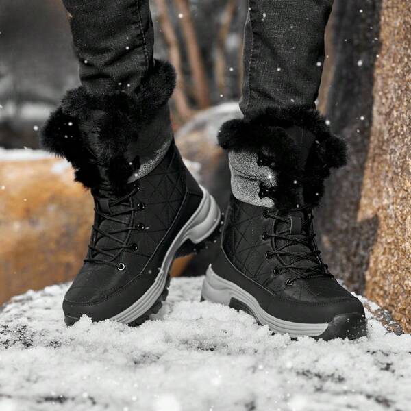 Men's Slip-resistant Fleece Lined And Thickened Rolled Up Cuff Flat Warm Boots For Fashionable Casual Outdoor Winter, Patchwork Waterproof Snow Boots