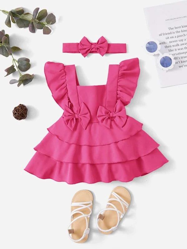 SHEIN Baby Bow Front Ruffle Trim Layer Hem Dress With Headband