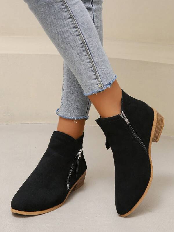 Women's Autumn/winter Fashion Chunky Heel Suede Pointed Toe Side Zipper Ankle Boots