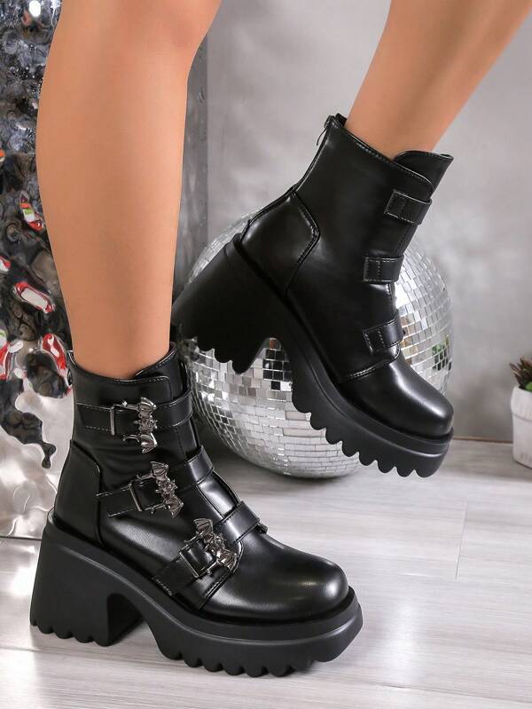 Women's Fashionable Pu Belt Buckle High Heel Platform Boots