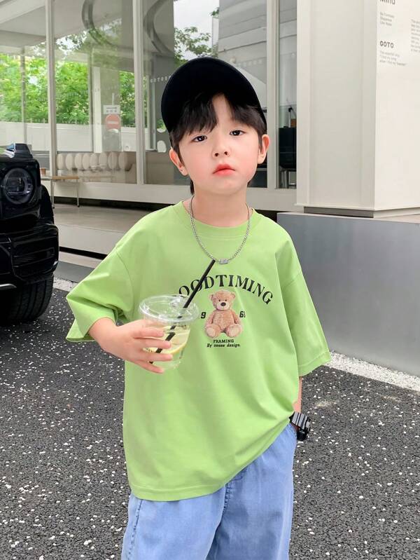 Young Boy Bear & Letter Graphic Drop Shoulder Tee