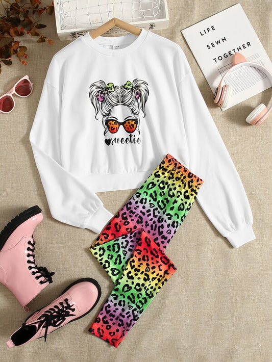 SHEIN Teen Girls Figure & Letter Graphic Sweatshirt And Leopard Print Leggings