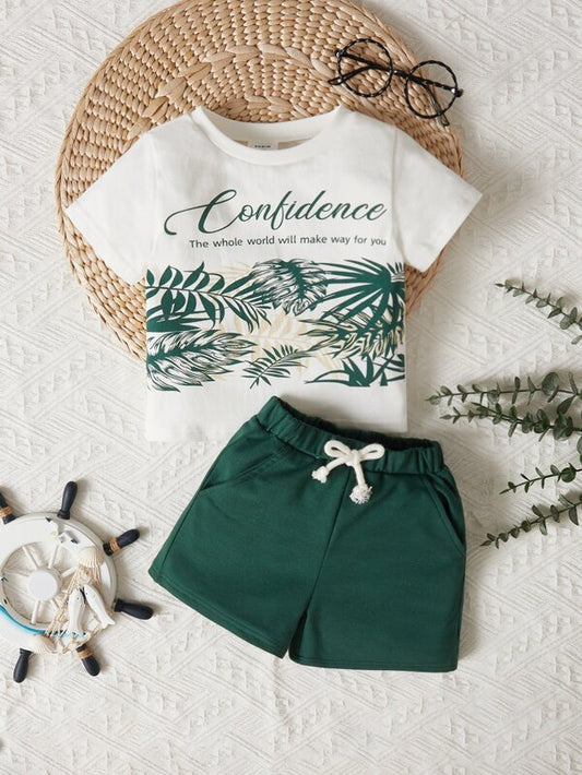 SHEIN Baby Boy Tropical & Letter Graphic Tee & Tie Front Shorts