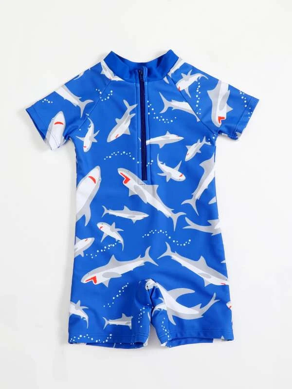 SHEIN Kids QTFun Toddler Boys Shark Print Zipper Back One Piece Swimsuit