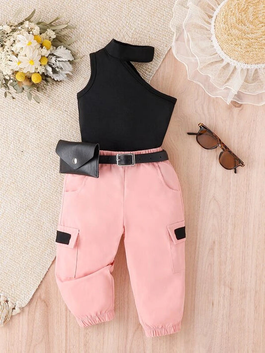 Baby Solid Halter Tee & Flap Pocket Side Cargo Pants Without Belt