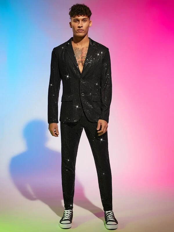 SHEIN Men Lapel Collar Sequin Blazer & Pants Set