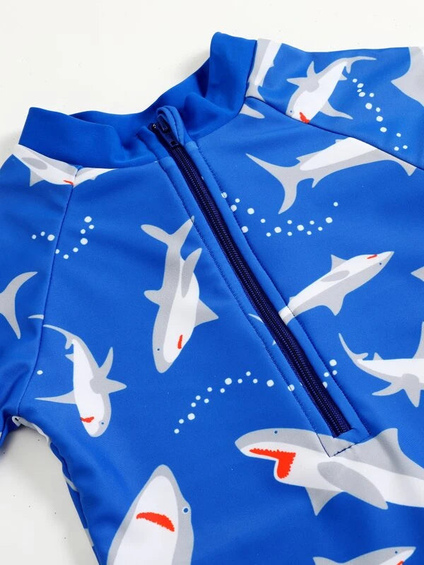 SHEIN Kids QTFun Toddler Boys Shark Print Zipper Back One Piece Swimsuit
