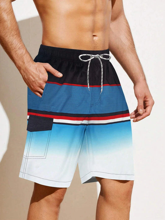 Men Striped Print Drawstring Waist Swim Trunks