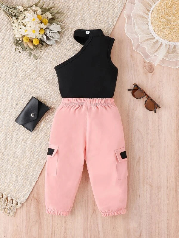 Baby Solid Halter Tee & Flap Pocket Side Cargo Pants Without Belt