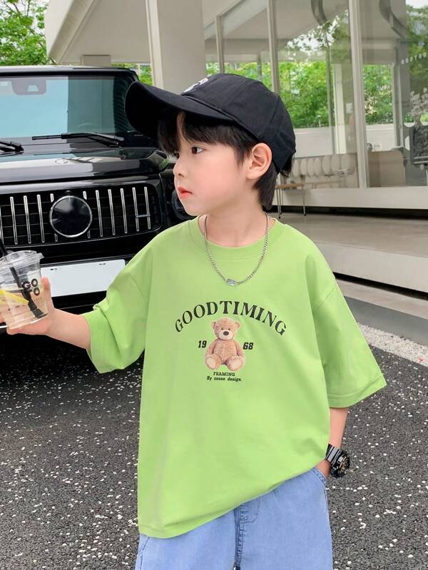 Young Boy Bear & Letter Graphic Drop Shoulder Tee