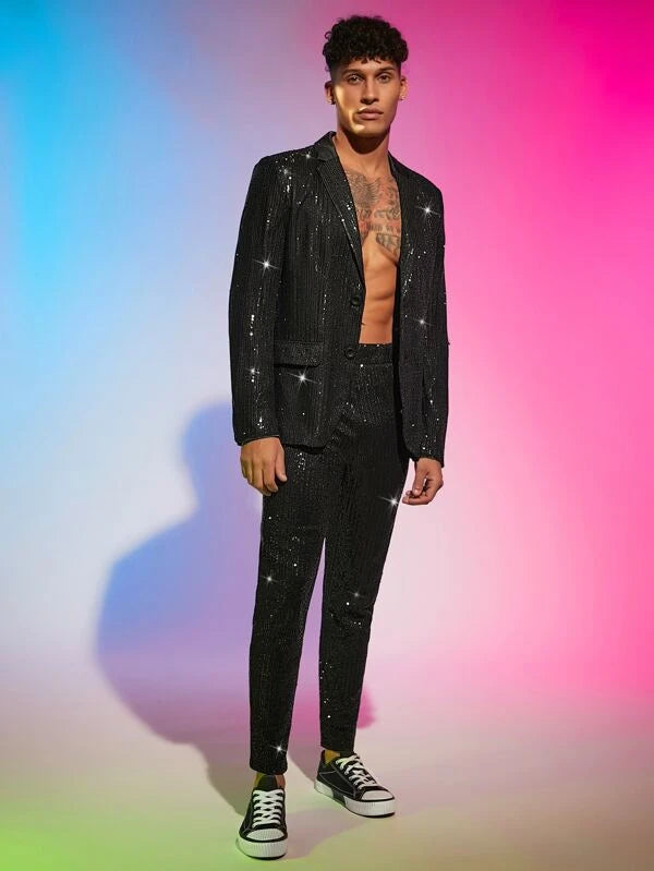 SHEIN Men Lapel Collar Sequin Blazer & Pants Set