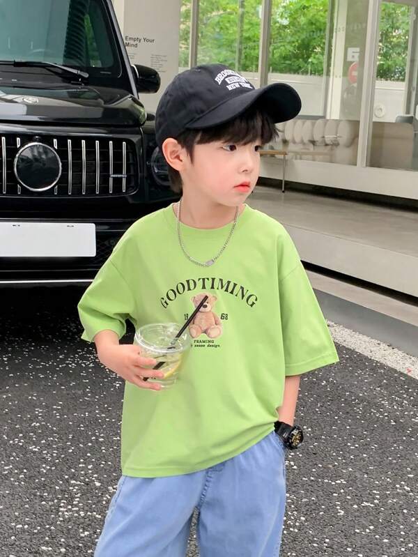 Young Boy Bear & Letter Graphic Drop Shoulder Tee