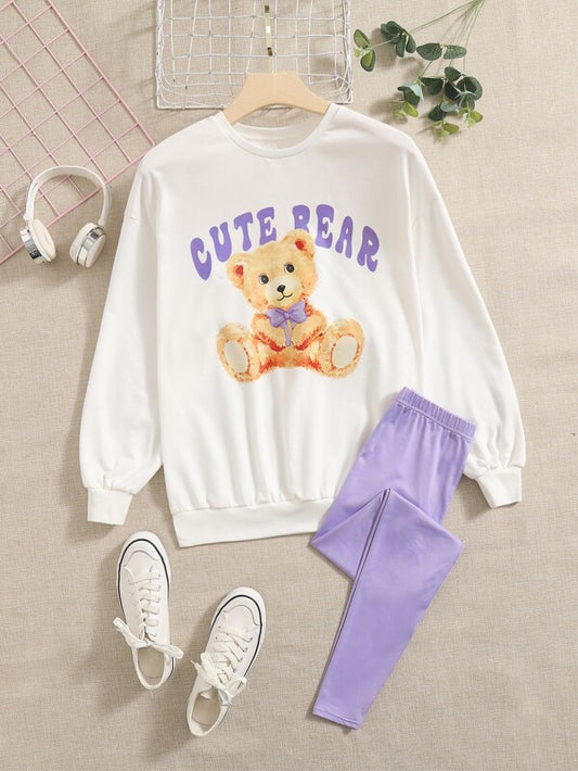 SHEIN Teen Girls Cartoon and Letter Graphic Pullover & Leggings Set