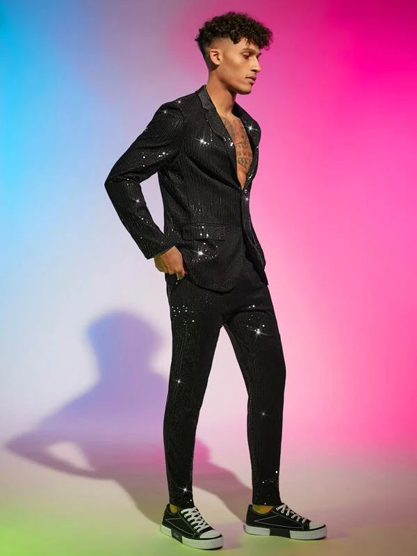 SHEIN Men Lapel Collar Sequin Blazer & Pants Set