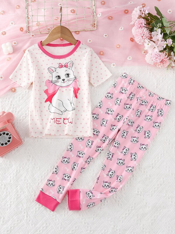 SHEIN Kids SUNSHNE Toddler Girls Cartoon Graphic Contrast Binding Snug Fit PJ Set