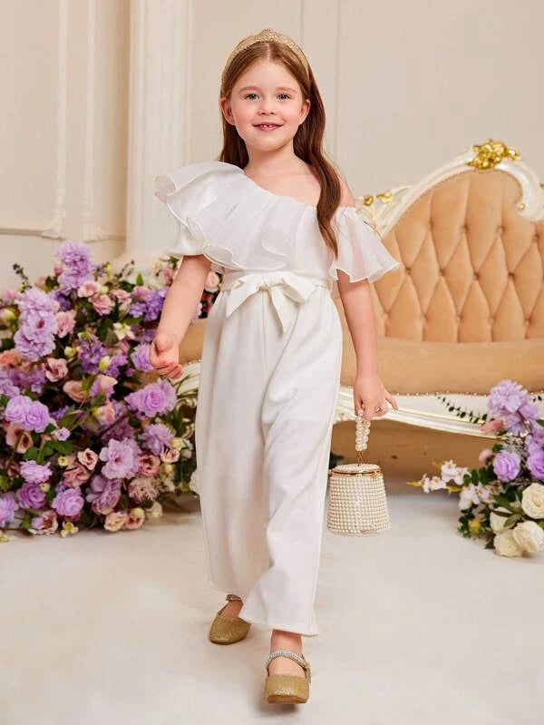 SHEIN Kids CHARMNG Toddler Girls Asymmetrical Neck Ruffle Trim Belted Wide Leg Jumpsuit