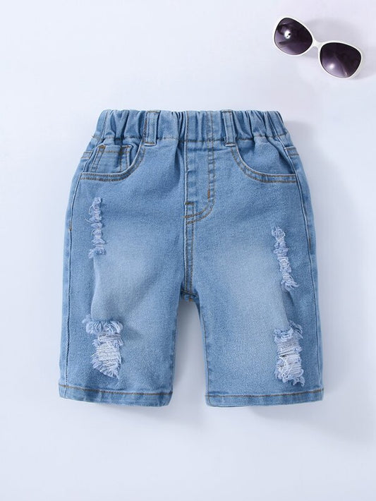 SHEIN Kids EVRYDAY Toddler Boys Ripped Frayed Bleach Wash Denim Shorts