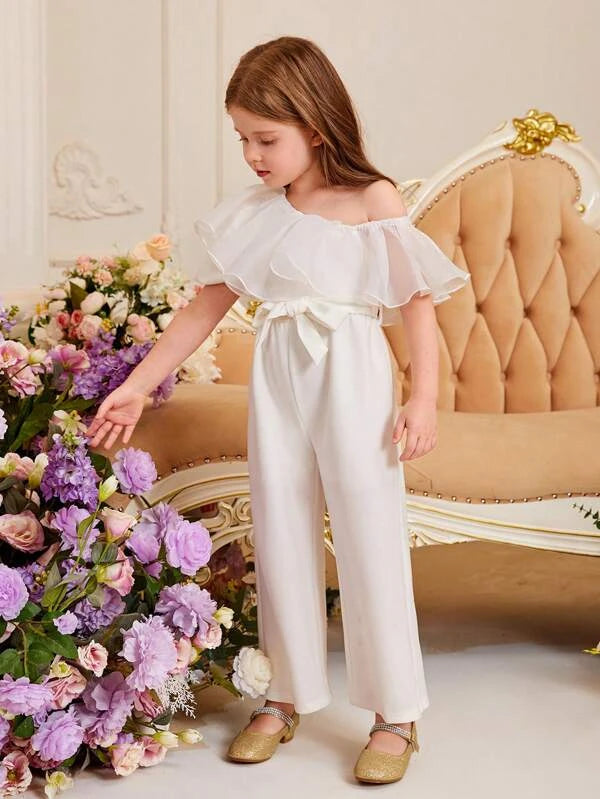 SHEIN Kids CHARMNG Toddler Girls Asymmetrical Neck Ruffle Trim Belted Wide Leg Jumpsuit