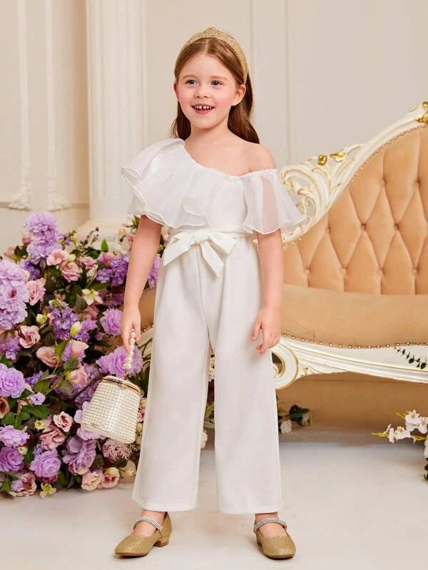 SHEIN Kids CHARMNG Toddler Girls Asymmetrical Neck Ruffle Trim Belted Wide Leg Jumpsuit