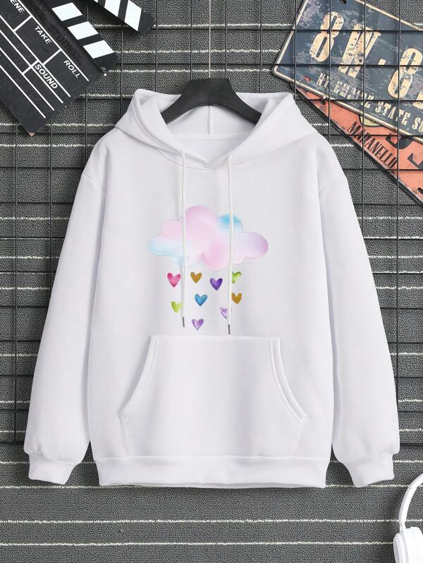 Men Cloud & Heart Print Kangaroo Pocket Drawstring Thermal Hoodie