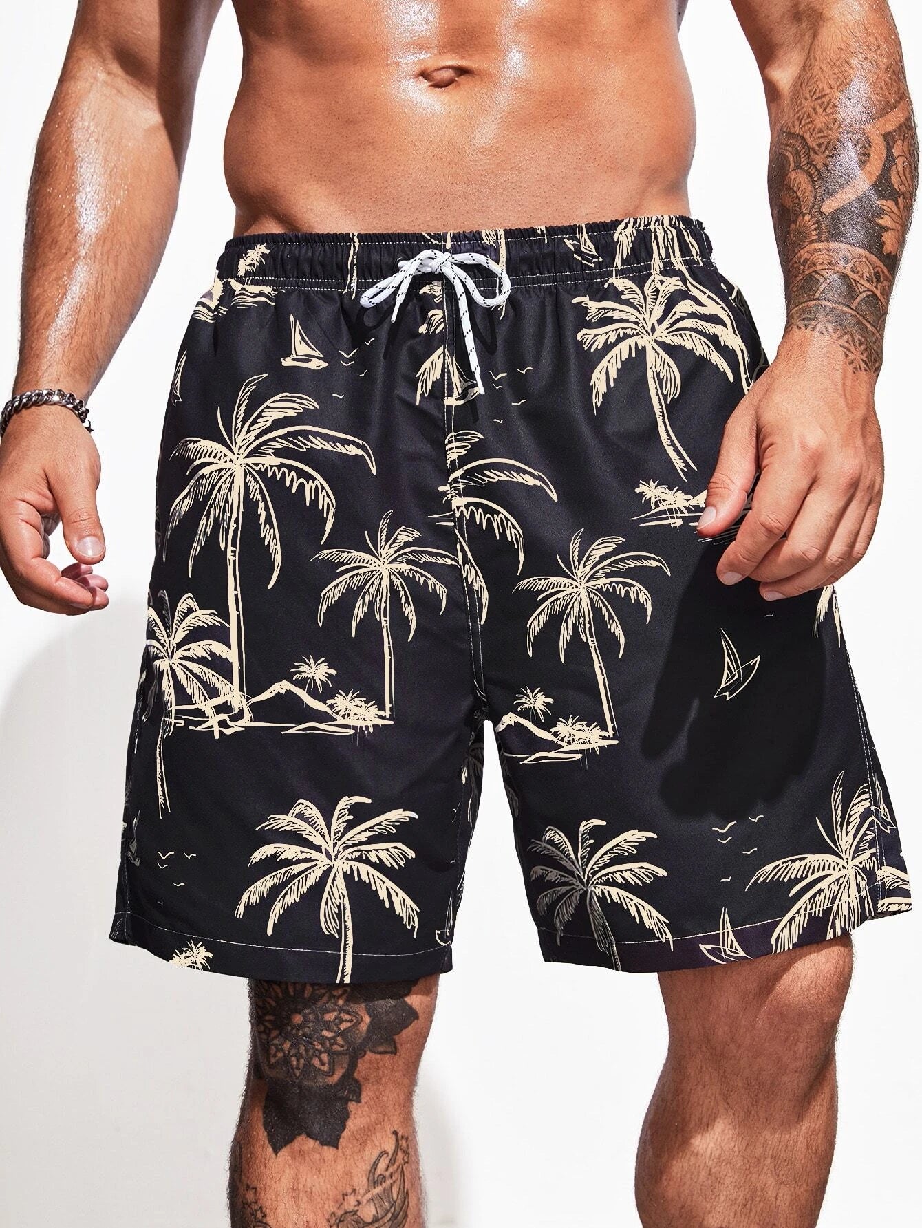 Extended Sizes Men Coconut Tree Print Drawstring Waist Swim Trunks