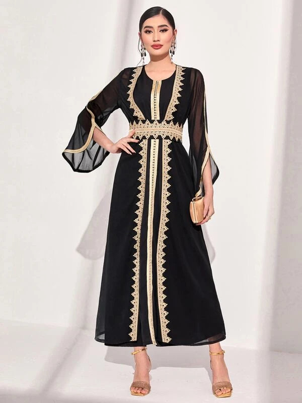 SHEIN Najma Guipure Lace Appliques Belted Abaya Set