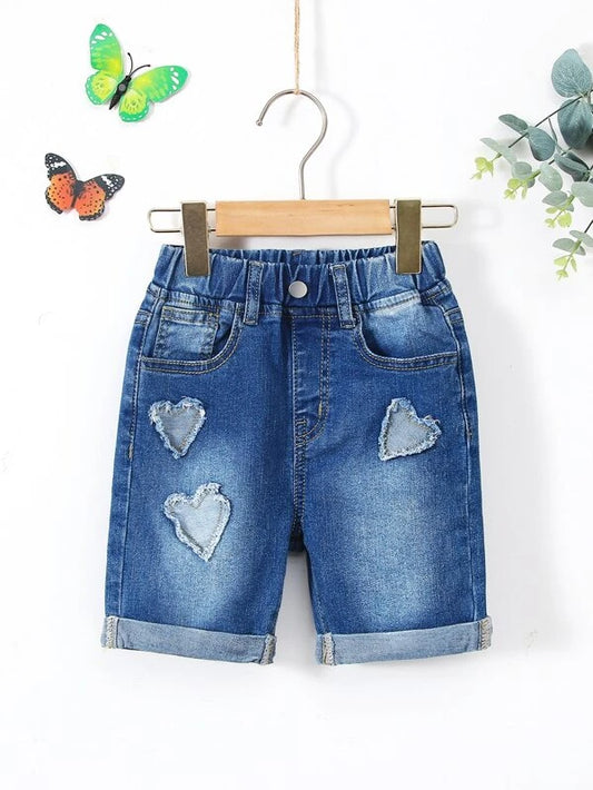 Toddler Girls Heart Pattern Raw Trim Bleach Wash Denim Shorts