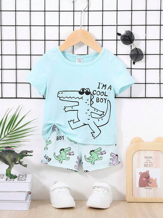 SHEIN Baby Boy Cartoon & Slogan Graphic Tee & Shorts